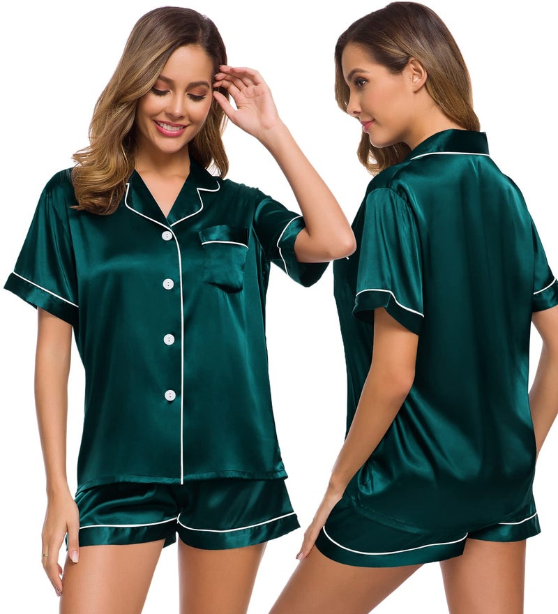 SWOMOG Womens Silk Satin Pajamas Set Two-Piece Pj Sets Sleepwear Loungewear Button-Down Pj Sets - Image 1